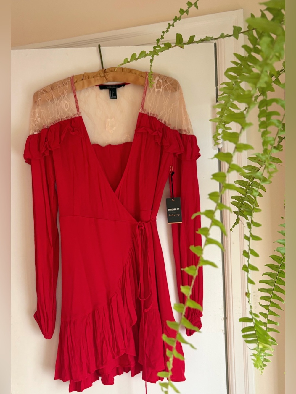 Forever 21 Red Lace-Shoulder Wrap Dress